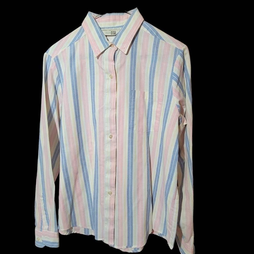 Vintage 70's Sears Pink and Blue Striped Longsleeve Button Down Shirt Size 16